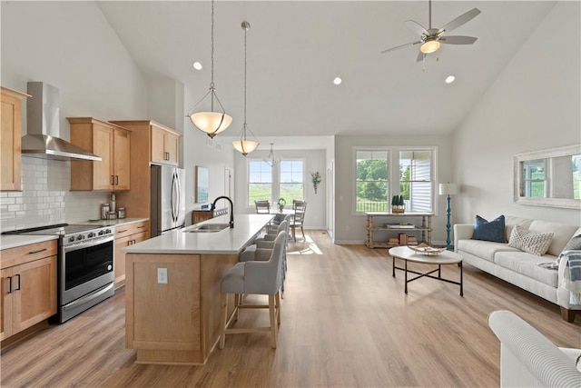 kitchen with sink, a kitchen island with sink, stainless steel appliances, wall chimney range hood, and decorative backsplash