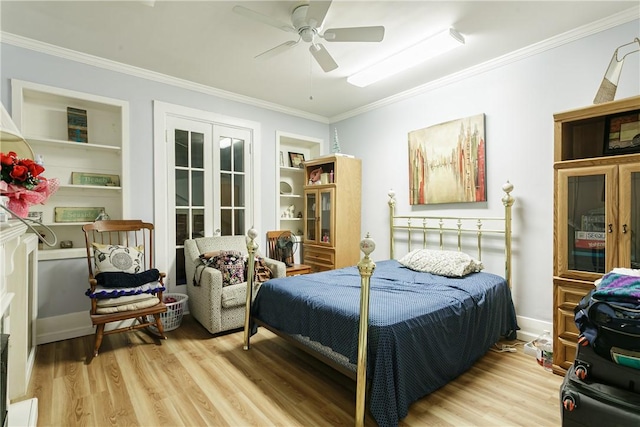 bedroom featuring ceiling fan, french doors, light hardwood / wood-style floors, and ornamental molding