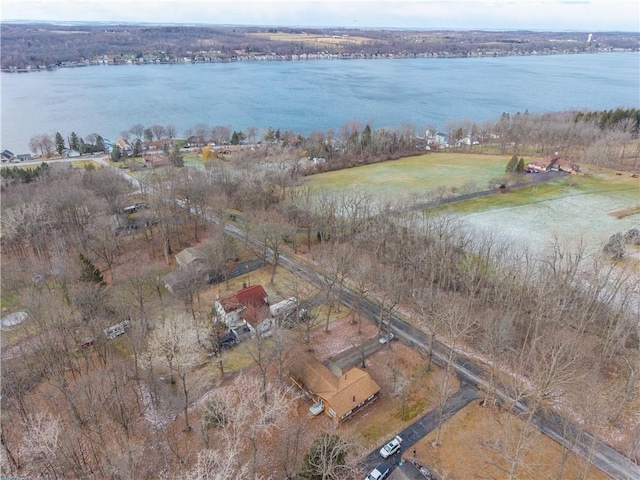 drone / aerial view featuring a water view