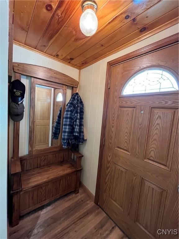 mudroom with hardwood / wood-style floors, lofted ceiling, and wooden ceiling