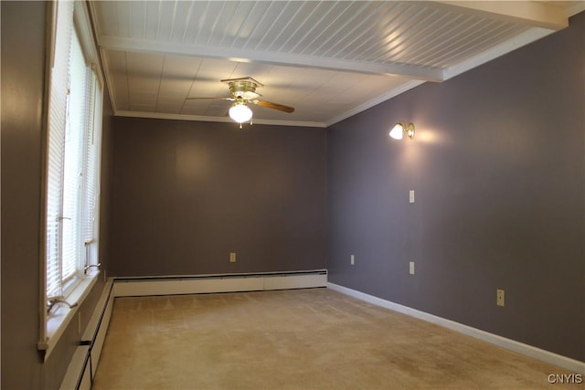 unfurnished room featuring ceiling fan, beamed ceiling, light carpet, and ornamental molding