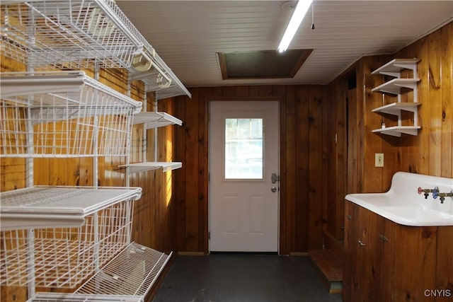 clothes washing area with wood walls and sink