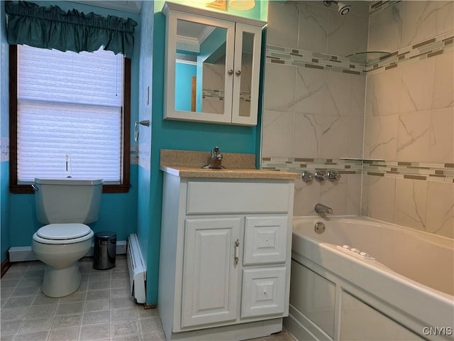 bathroom with baseboard heating, a tub to relax in, crown molding, toilet, and vanity