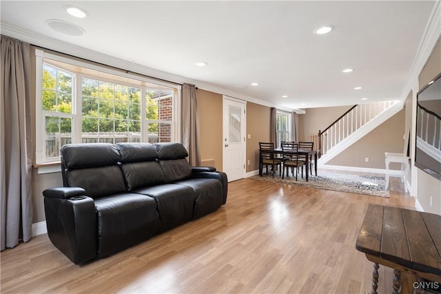 living room featuring ornamental molding and light hardwood / wood-style flooring