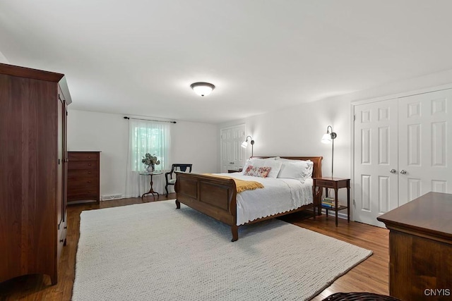 bedroom featuring dark wood-type flooring and a closet