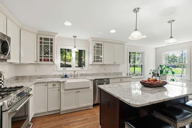 kitchen with white cabinetry, sink, hanging light fixtures, stainless steel appliances, and light hardwood / wood-style flooring