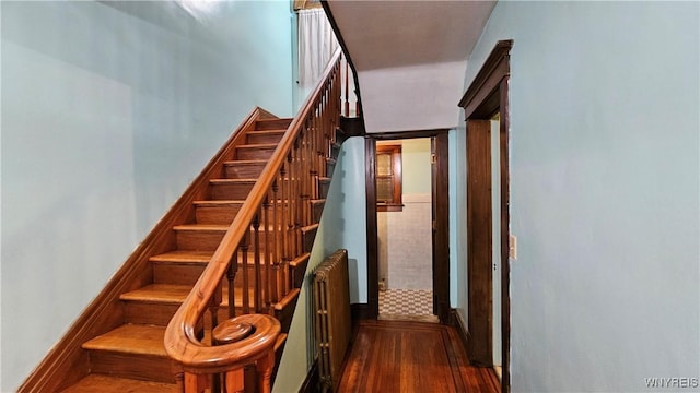 stairs featuring radiator and wood-type flooring