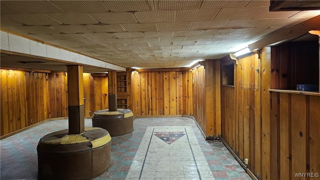 basement featuring wooden walls