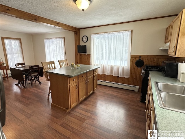 kitchen with wood walls, sink, a textured ceiling, a baseboard radiator, and a kitchen island