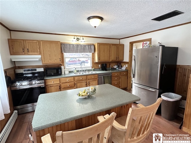 kitchen featuring crown molding, sink, appliances with stainless steel finishes, and a baseboard radiator