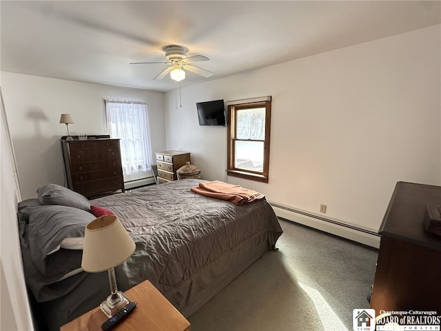 bedroom featuring ceiling fan, carpet floors, and a baseboard radiator