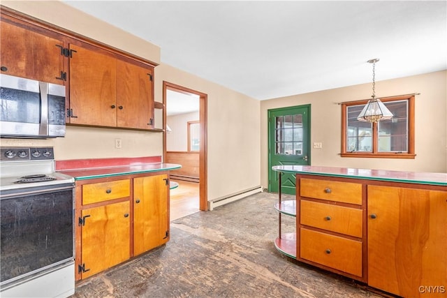 kitchen with baseboard heating, white electric range oven, and decorative light fixtures