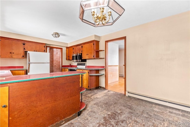 kitchen featuring a chandelier, pendant lighting, white appliances, and a baseboard heating unit