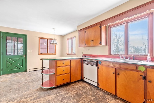 kitchen featuring sink, a healthy amount of sunlight, hanging light fixtures, a baseboard radiator, and white dishwasher