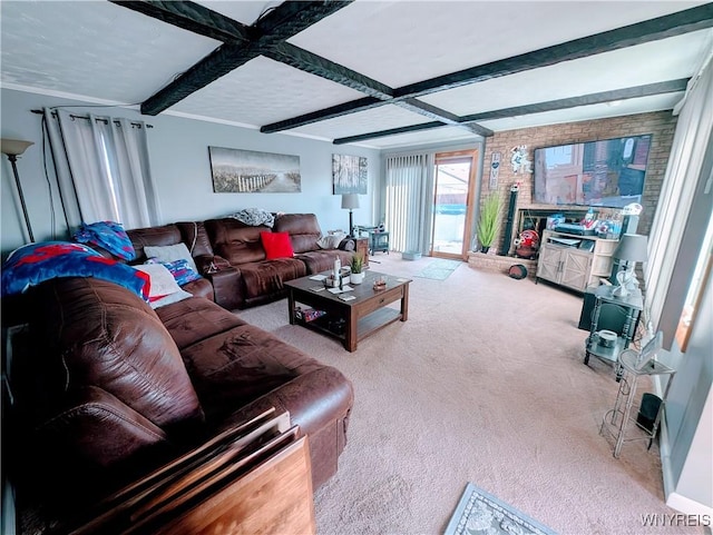 living room featuring beamed ceiling, coffered ceiling, and carpet floors