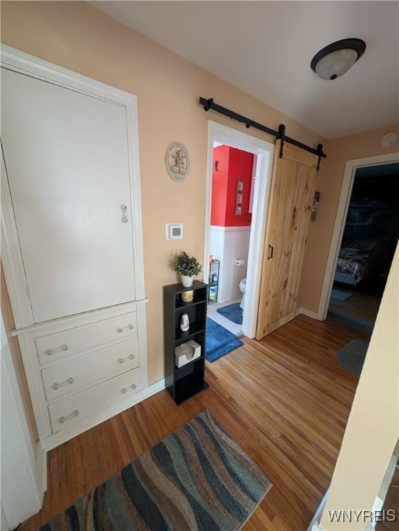 corridor featuring a barn door and hardwood / wood-style floors