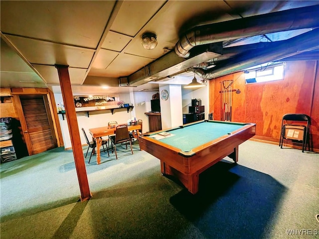 recreation room featuring carpet flooring, pool table, and wooden walls