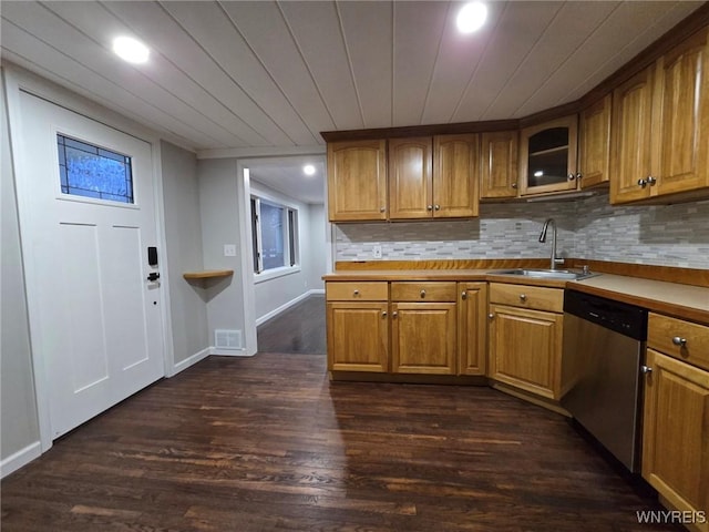 kitchen featuring backsplash, sink, stainless steel dishwasher, dark hardwood / wood-style flooring, and wood ceiling