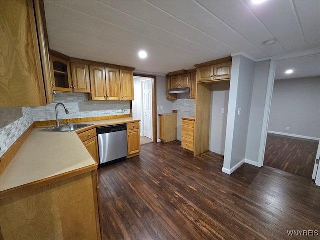 kitchen with dishwasher, dark hardwood / wood-style flooring, tasteful backsplash, and sink