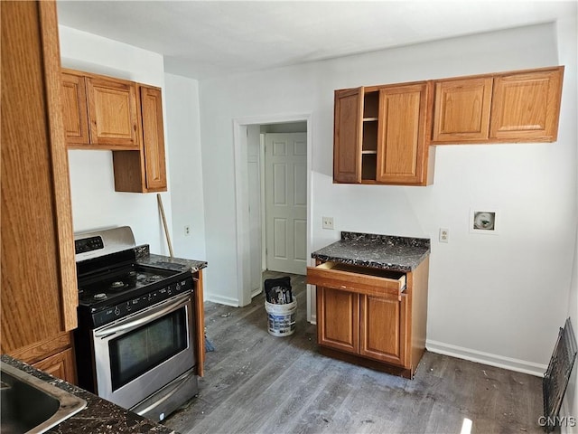 kitchen featuring sink, dark wood-type flooring, and stainless steel stove