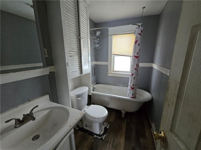 bathroom with toilet, vanity, and hardwood / wood-style flooring