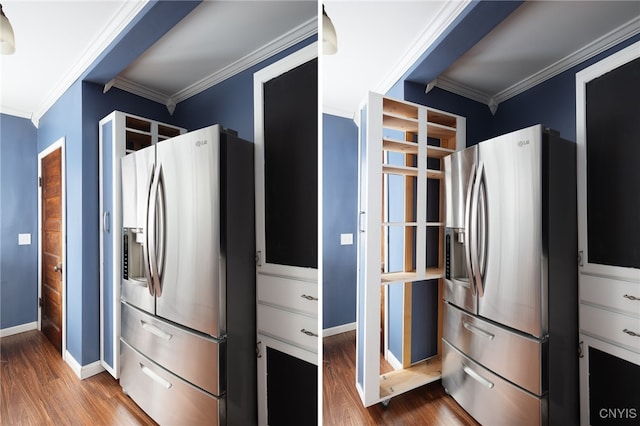 kitchen featuring crown molding, white cabinets, and stainless steel refrigerator with ice dispenser