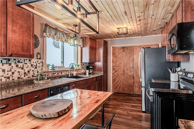 kitchen with dark wood-type flooring, sink, wood ceiling, dark stone countertops, and black appliances