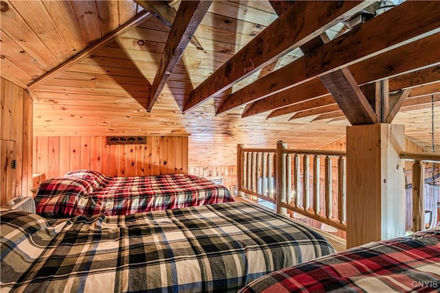 unfurnished bedroom with lofted ceiling, wooden walls, and wood ceiling