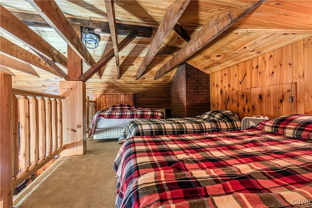 unfurnished bedroom featuring wood ceiling, lofted ceiling with beams, carpet, and wood walls