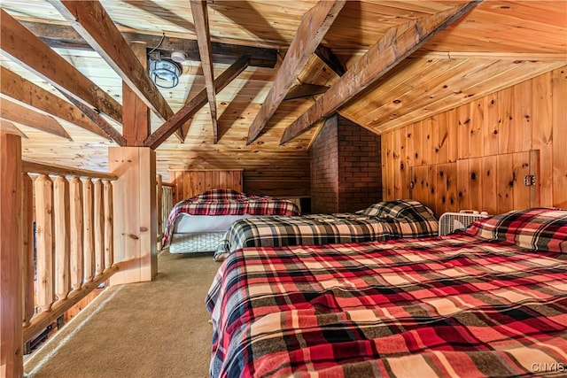 156 S Shore Rd, Webb, NY 13420 - carpeted bedroom featuring wood walls, lofted ceiling with beams, and wooden ceiling