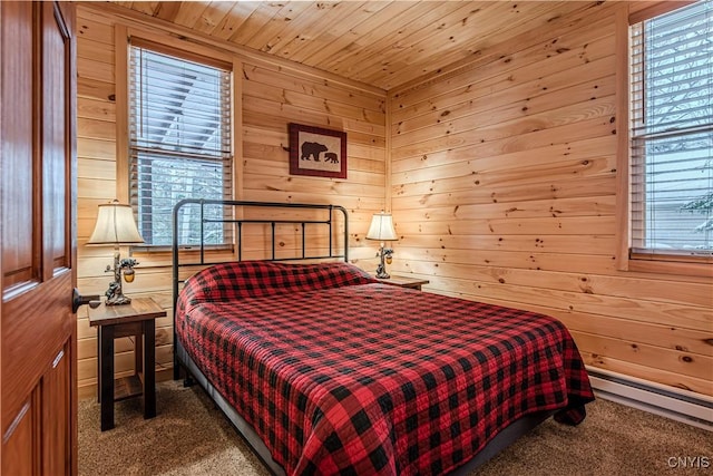 bedroom featuring wood walls, carpet, and wooden ceiling