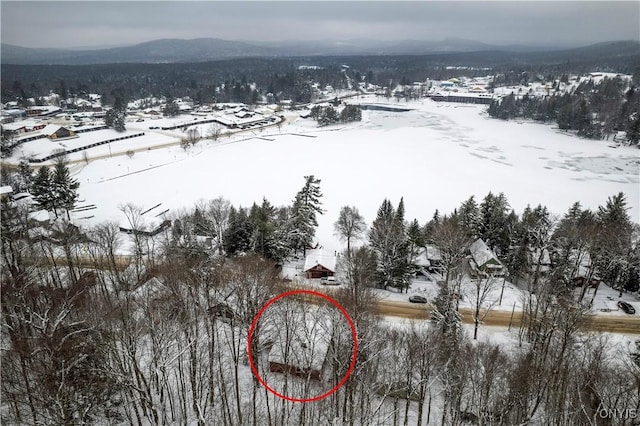 snowy aerial view featuring a mountain view