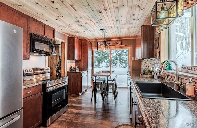 kitchen with sink, wood ceiling, appliances with stainless steel finishes, hanging light fixtures, and dark hardwood / wood-style floors