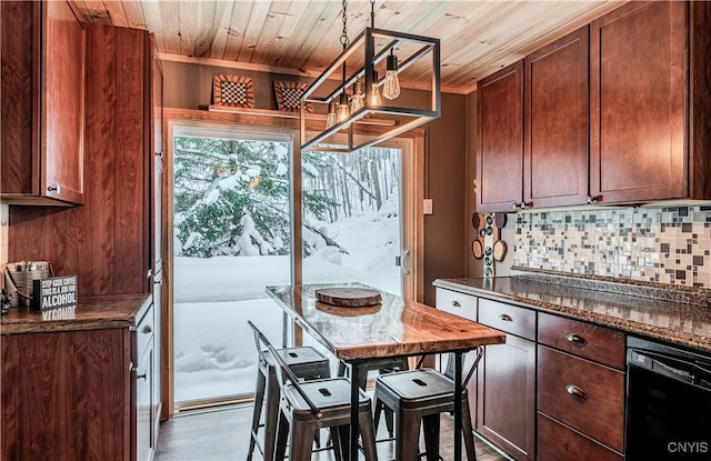 kitchen featuring dishwasher, dark stone countertops, a kitchen bar, decorative backsplash, and wood ceiling