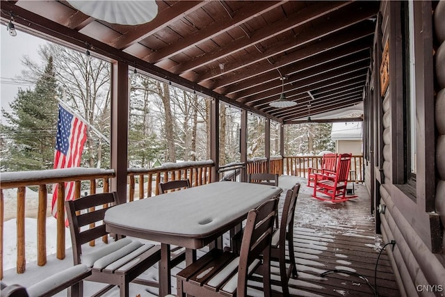 snow covered deck with ceiling fan