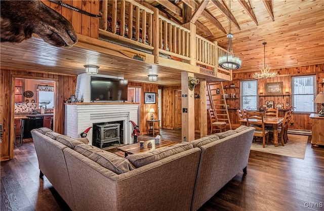 living room with wood ceiling, wooden walls, dark wood-type flooring, and beamed ceiling