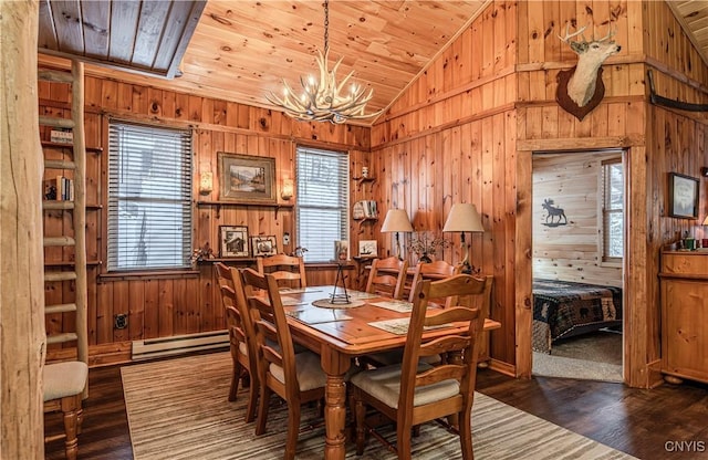156 S Shore Rd, Webb, NY 13420 - dining area featuring an inviting chandelier, wooden walls, baseboard heating, and dark wood finished floors