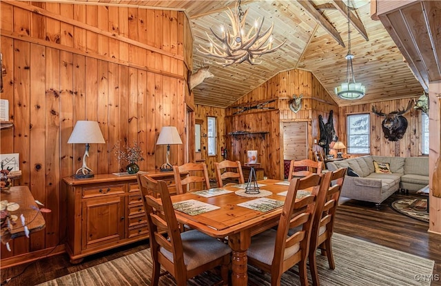 dining space with wooden ceiling, dark hardwood / wood-style floors, and wood walls