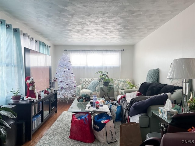 living room with a textured ceiling and dark wood-type flooring