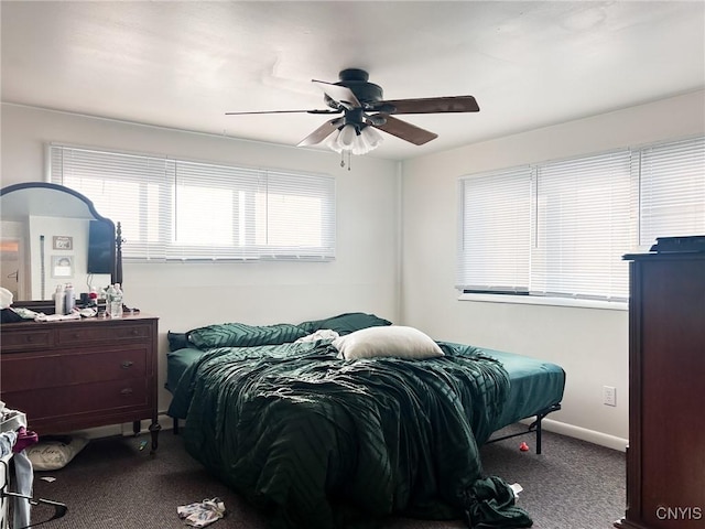 bedroom featuring ceiling fan and carpet