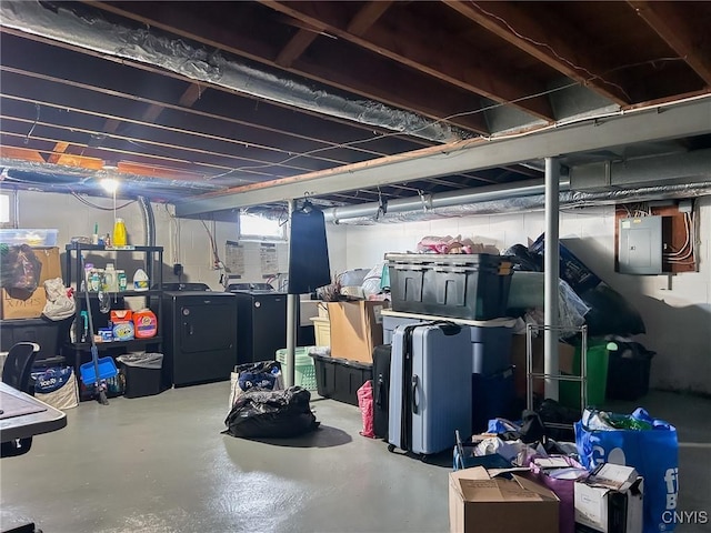 basement featuring electric panel and washing machine and dryer