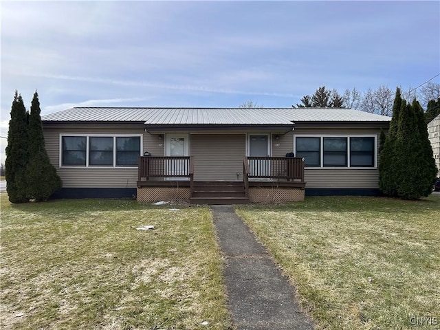 view of front facade featuring metal roof and a front lawn