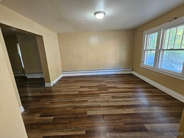 spare room featuring a baseboard radiator and dark wood-type flooring