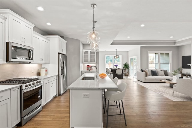 kitchen featuring white cabinets, stainless steel appliances, a kitchen island with sink, and sink