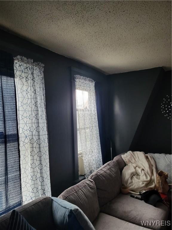 living room featuring a textured ceiling