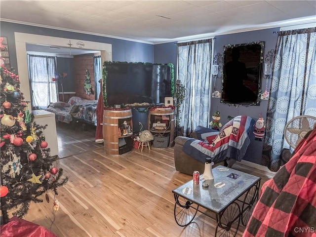 living room featuring hardwood / wood-style floors and ornamental molding