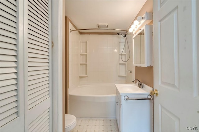 full bathroom featuring shower / tub combination, vanity, and toilet