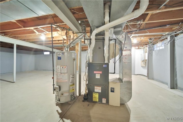 basement with heating unit and gas water heater