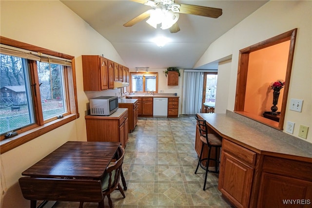 kitchen with vaulted ceiling, a healthy amount of sunlight, white dishwasher, and ceiling fan