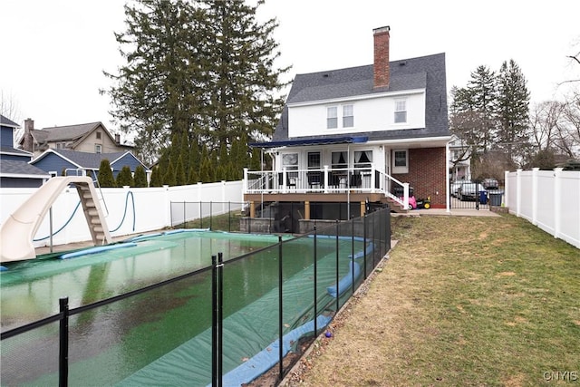 1 Alden Ave, Auburn, NY 13021 - rear view of property with a fenced backyard, a chimney, stairs, a shingled roof, and a wooden deck